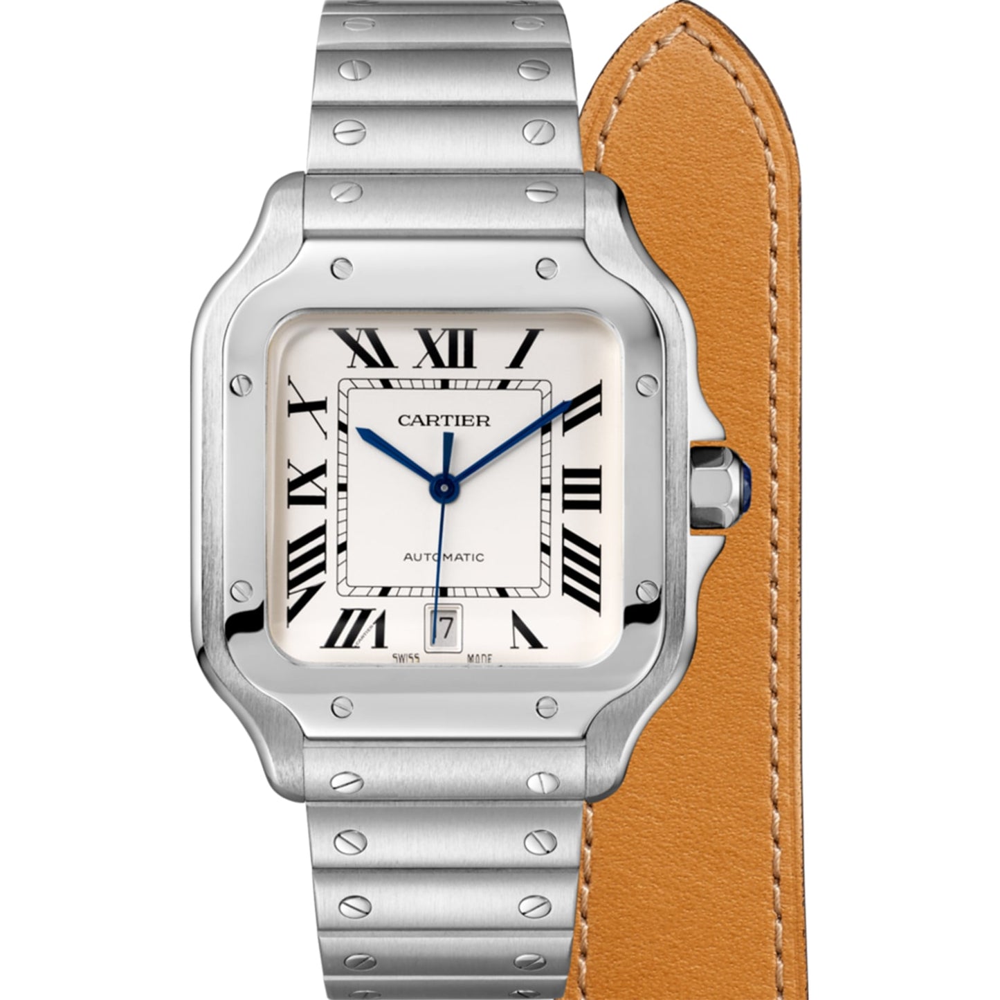 CARTIER Santos De Cartier Watch Large Model, Automatic Movement, Steel, Interchangeable Metal And Leather Bracelets WSSA0018