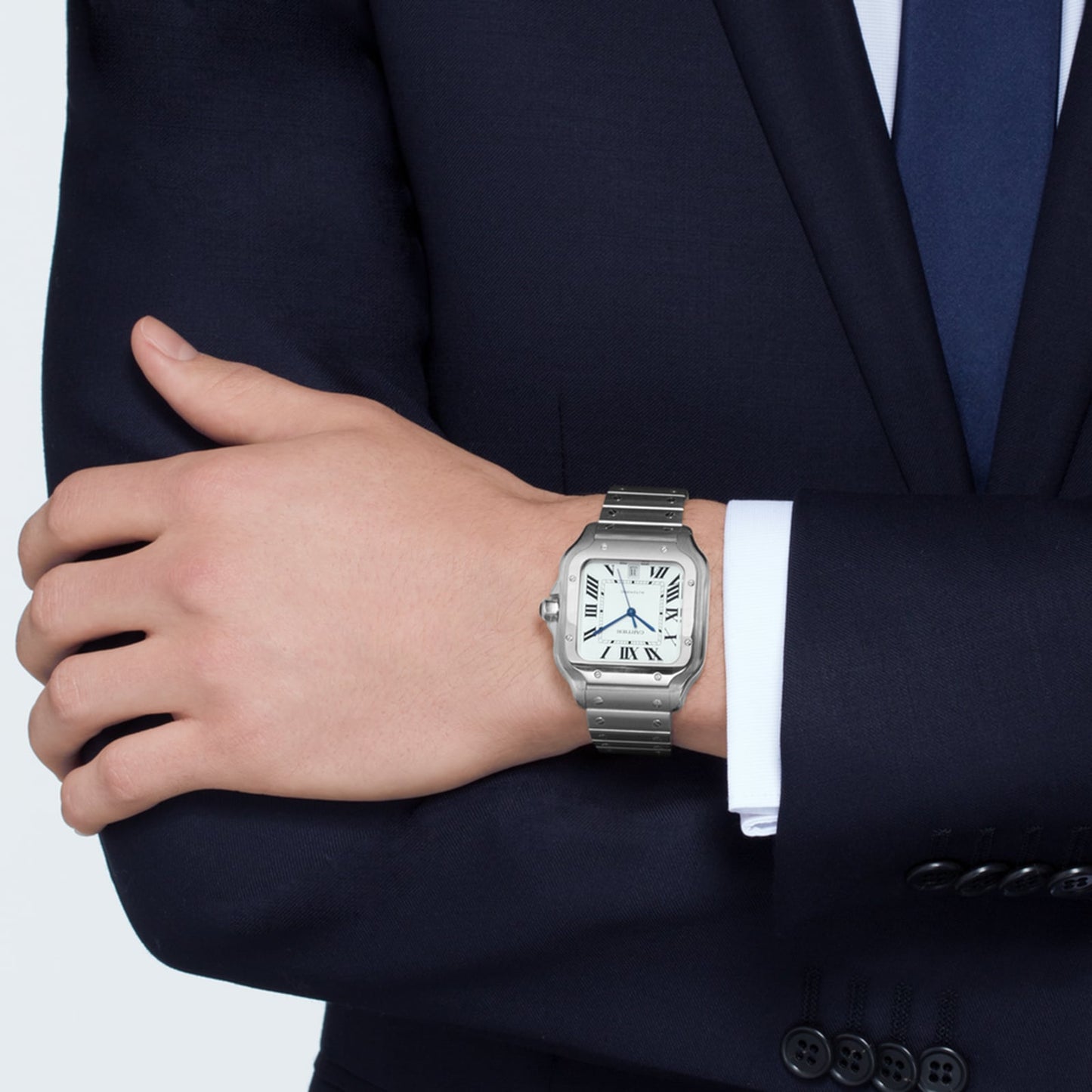 CARTIER Santos De Cartier Watch Large Model, Automatic Movement, Steel, Interchangeable Metal And Leather Bracelets WSSA0018