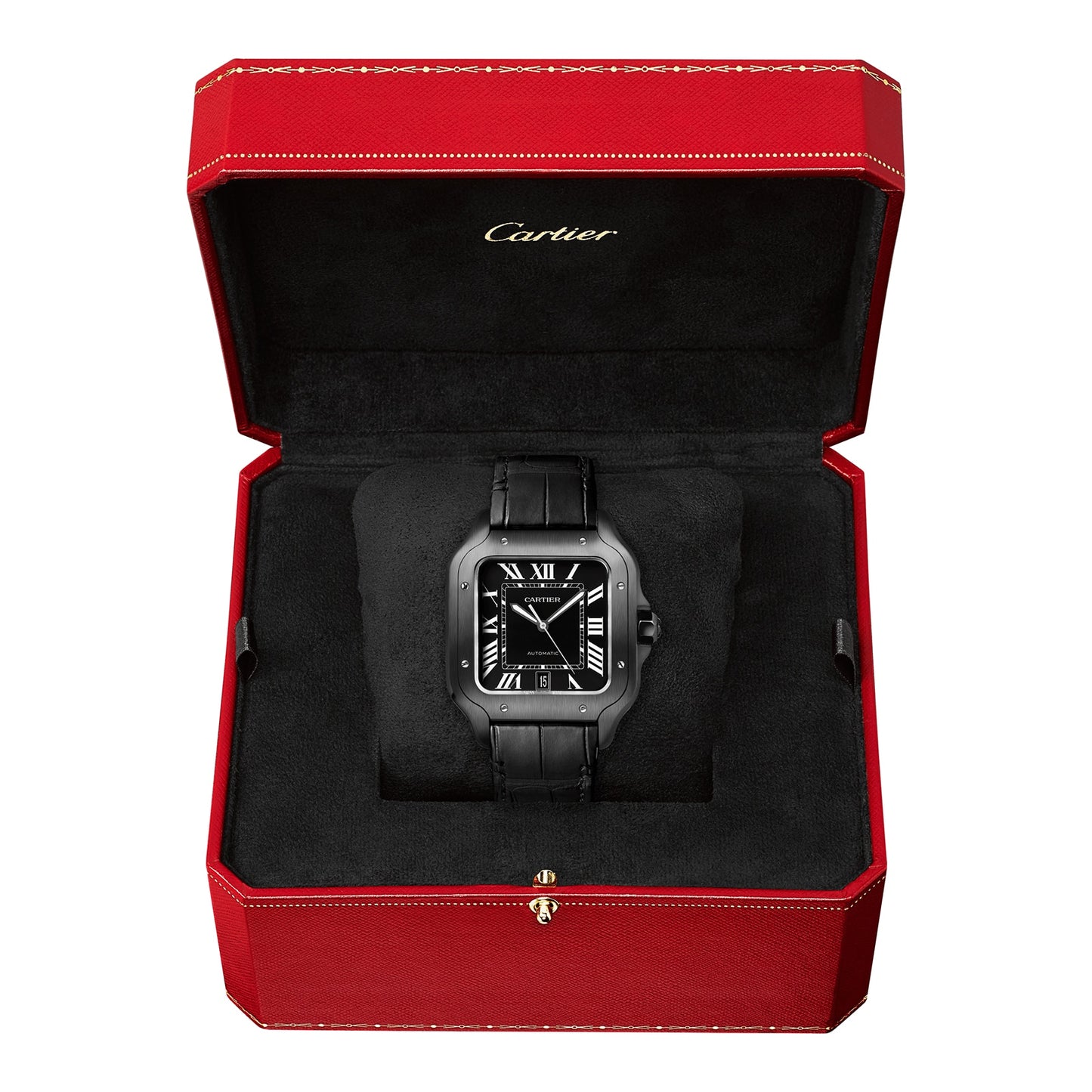 CARTIER Santos De Cartier Watch Large Model, Automatic Movement, Steel, ADLC, Interchangeable Rubber And Leather Bracelets WSSA0039
