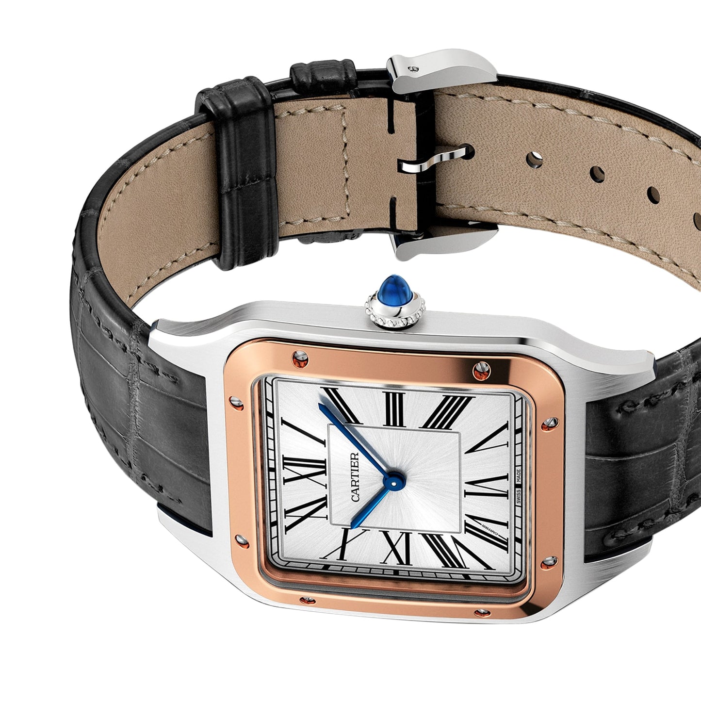 CARTIER Santos-Dumont Watch Extra-Large Model, Hand-Wound Mechanical Movement, Rose Gold, Steel, Leather W2SA0017