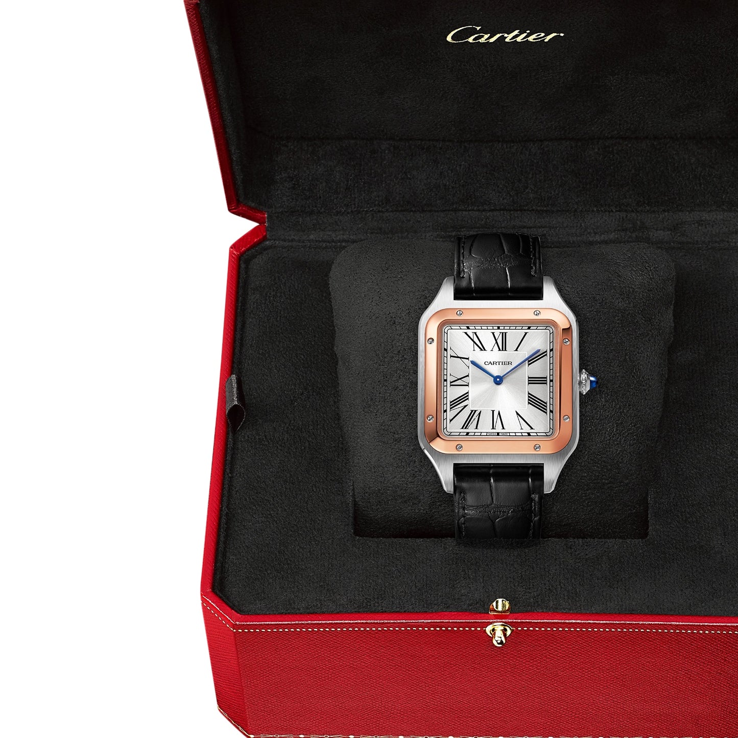 CARTIER Santos-Dumont Watch Extra-Large Model, Hand-Wound Mechanical Movement, Rose Gold, Steel, Leather W2SA0017