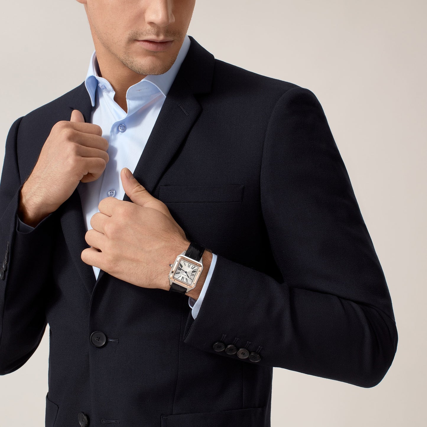 CARTIER Santos-Dumont Watch Extra-Large Model, Hand-Wound Mechanical Movement, Rose Gold, Steel, Leather W2SA0017