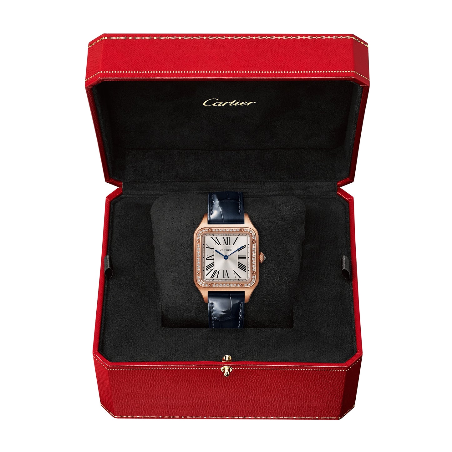 CARTIER Santos-Dumont Watch Large Model, Rose Gold, Diamonds, Leather Strap WJSA0016