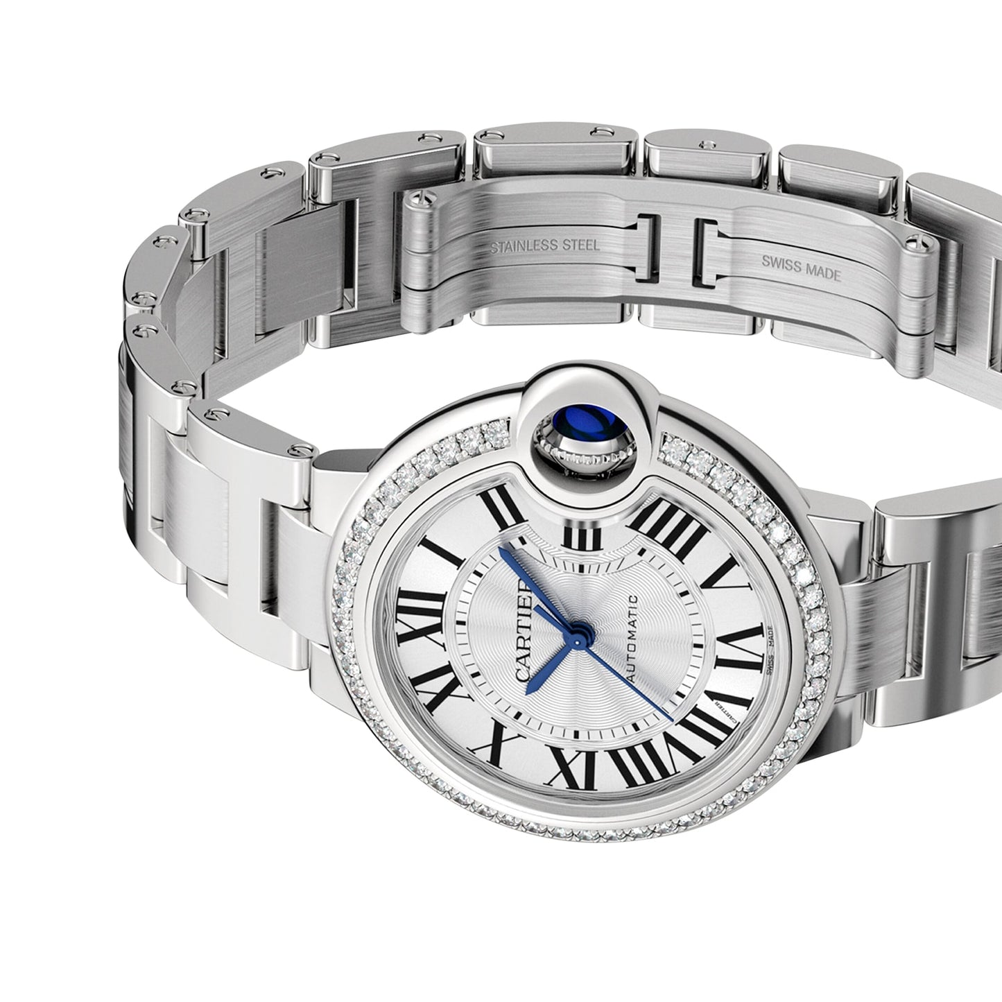 CARTIER Ballon Bleu De Cartier Watch, 33mm, Mechanical Movement With Automatic Winding, Steel, Diamonds W4BB0023