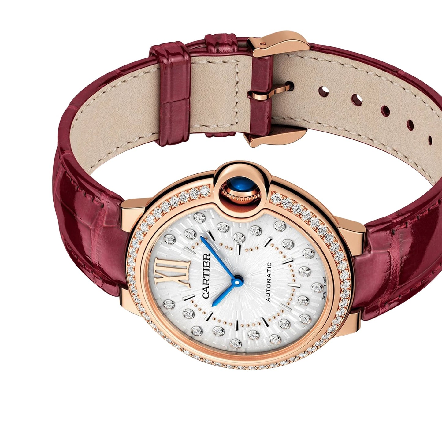 CARTIER Ballon Bleu De Cartier Watch 36mm, Automatic Mechanical Movement, Rose Gold, Diamonds, Leather WJBB0081