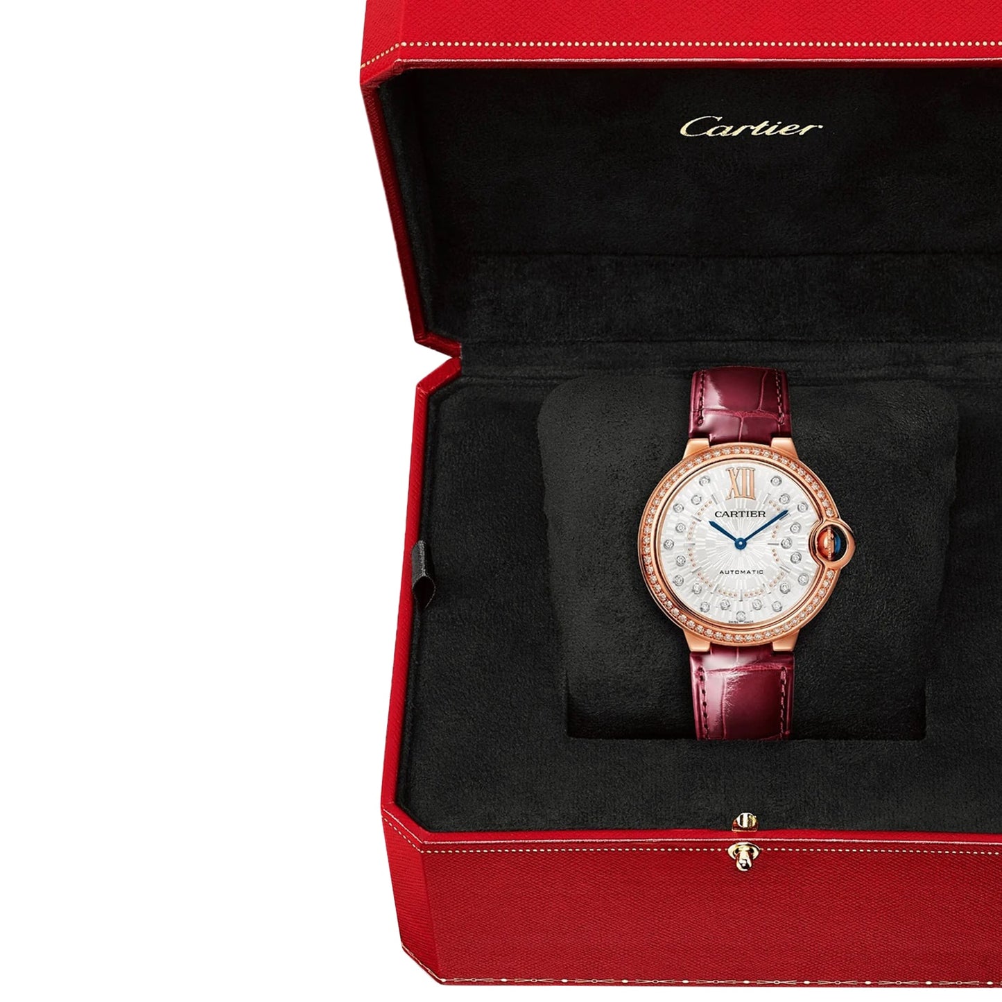CARTIER Ballon Bleu De Cartier Watch 36mm, Automatic Mechanical Movement, Rose Gold, Diamonds, Leather WJBB0081