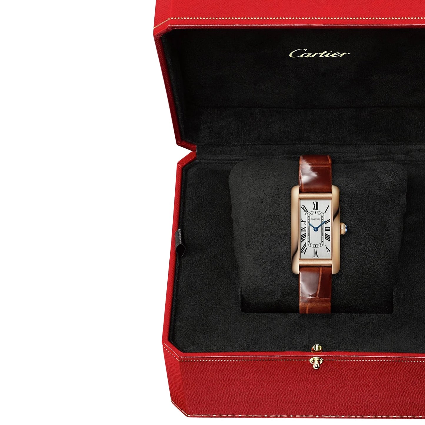 CARTIER Tank Américaine Watch, Small Model, Quartz Movement, Rose Gold, Leather WGTA0133