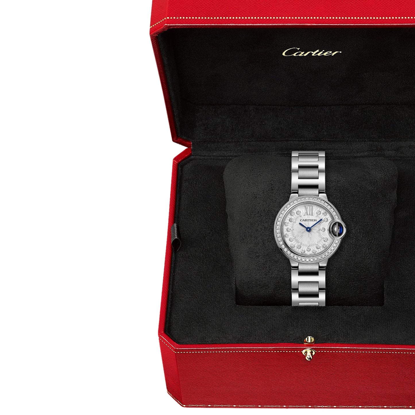 CARTIER Ballon Bleu De Cartier Watch, 28 Mm, Quartz Movement Steel Case, Fluted Steel Crown Set With A Synthetic Cabochon-Shaped Spinel. W4BB0034
