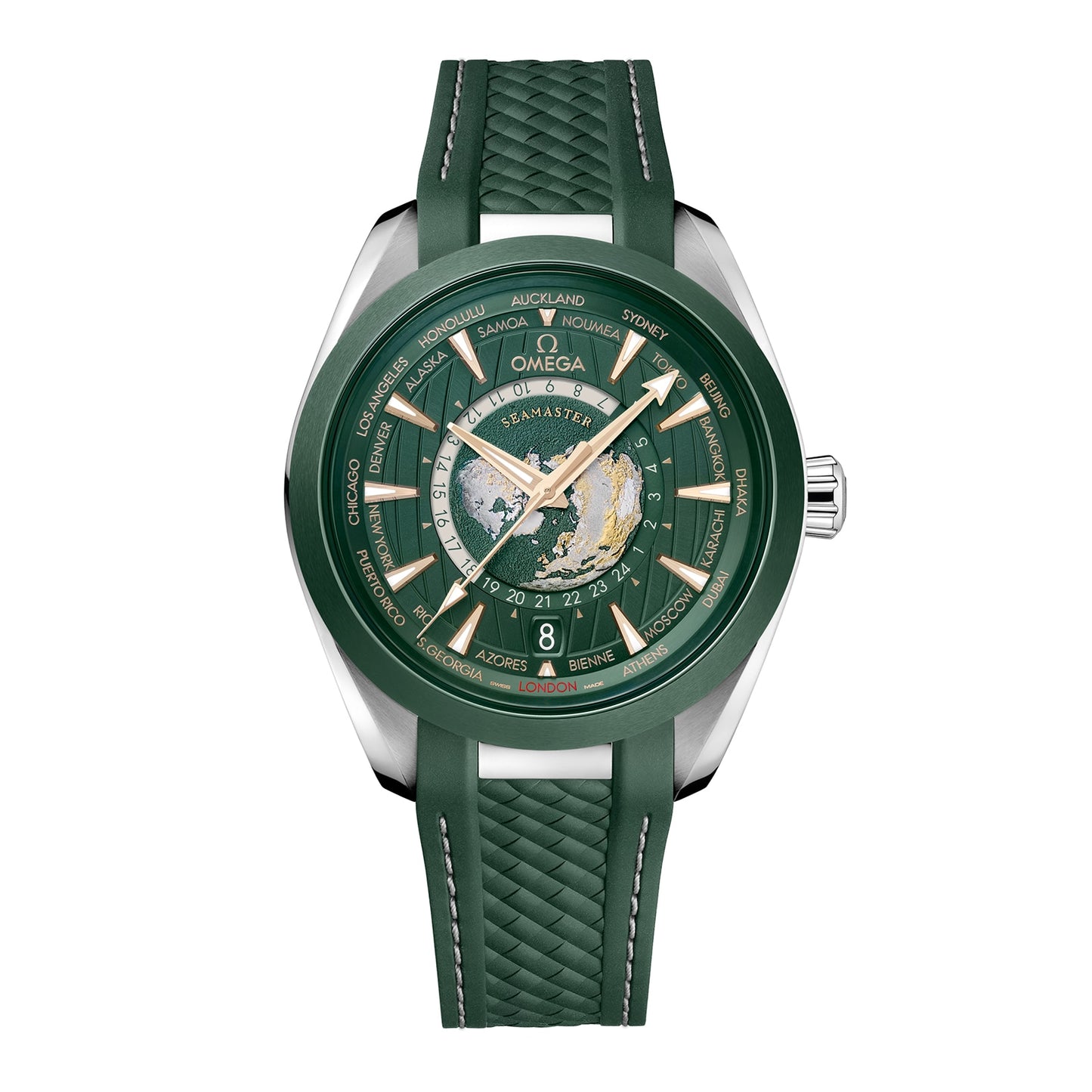 OMEGA Seamaster Aqua Terra 150m Co Axial Master Chronometer GMT Worldtimer 43mm Mens Watch Green Rubber O22032432210001