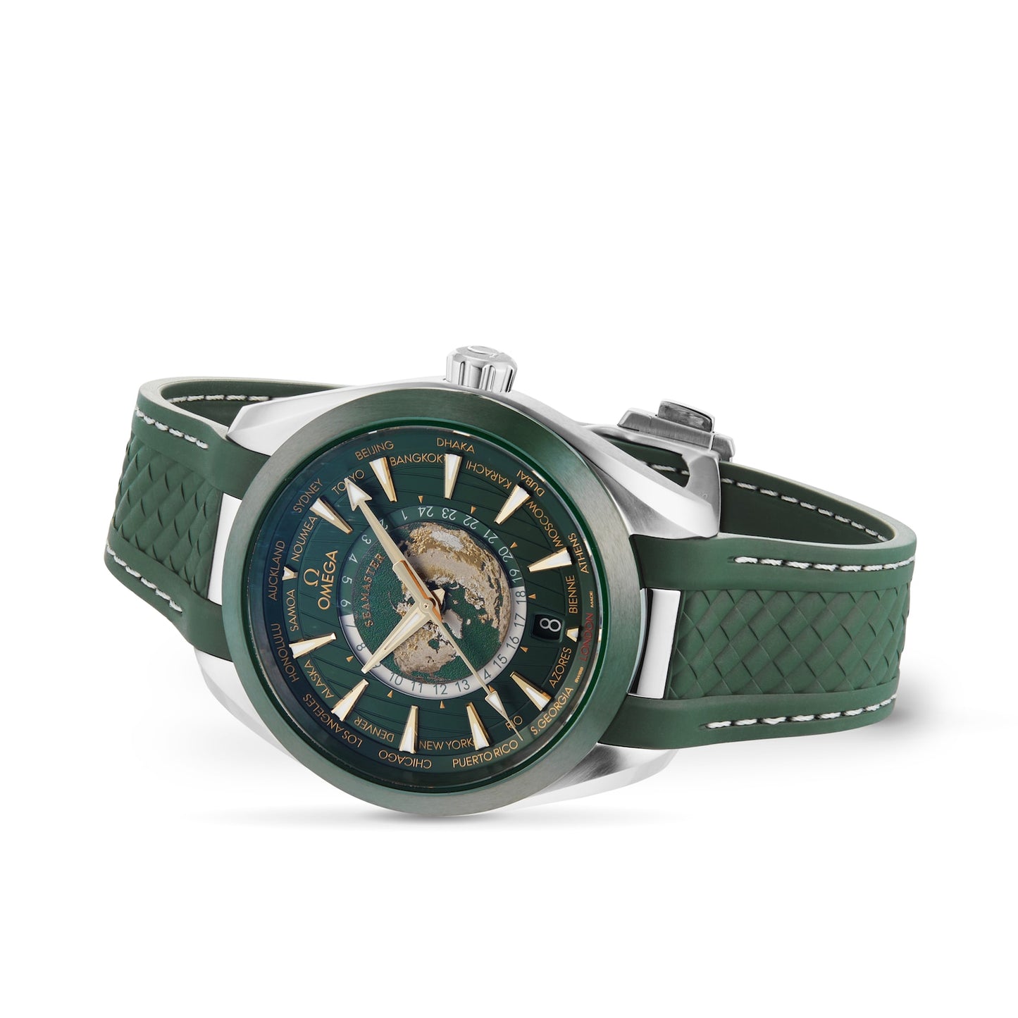 OMEGA Seamaster Aqua Terra 150m Co Axial Master Chronometer GMT Worldtimer 43mm Mens Watch Green Rubber O22032432210001