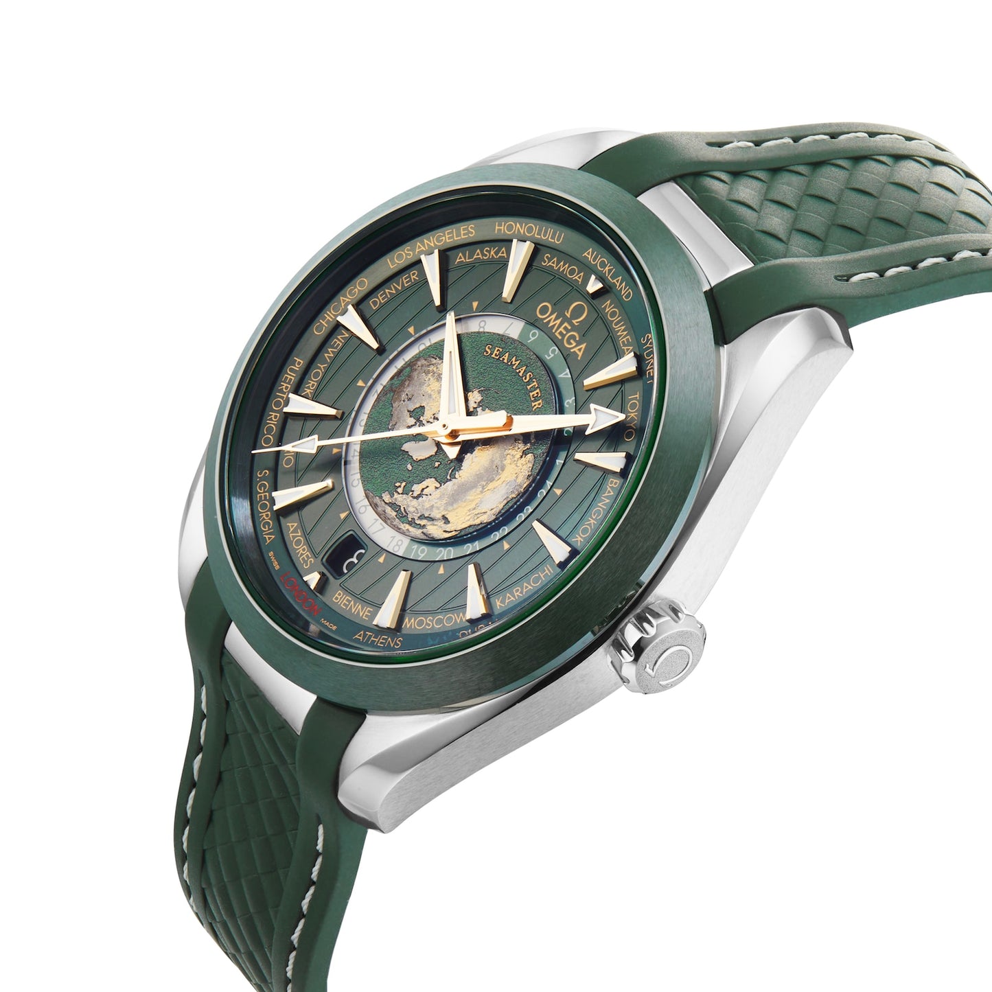 OMEGA Seamaster Aqua Terra 150m Co Axial Master Chronometer GMT Worldtimer 43mm Mens Watch Green Rubber O22032432210001