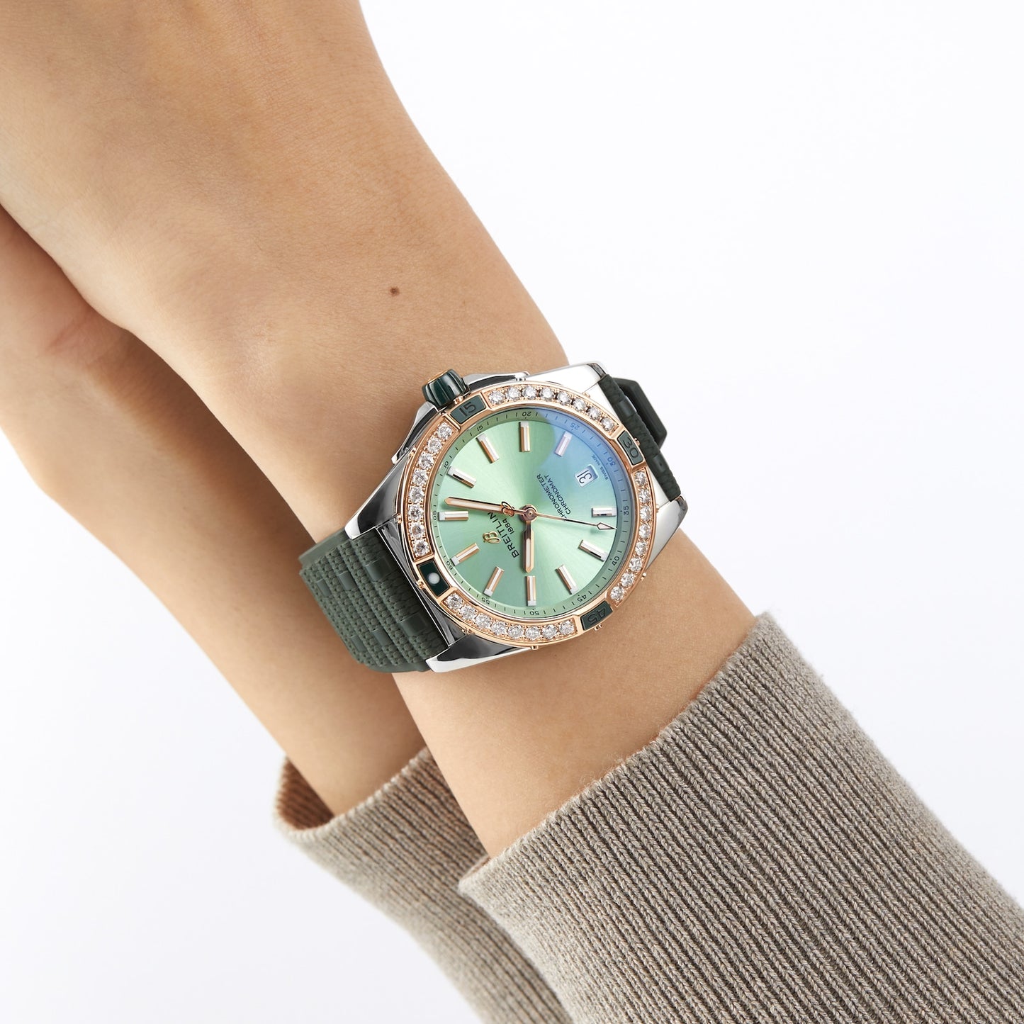 BREITLING Super Chronomat Automatic 38 Green Stainless Steel & 18ct Rose Gold Rubber Strap Watch U17356531L1S1