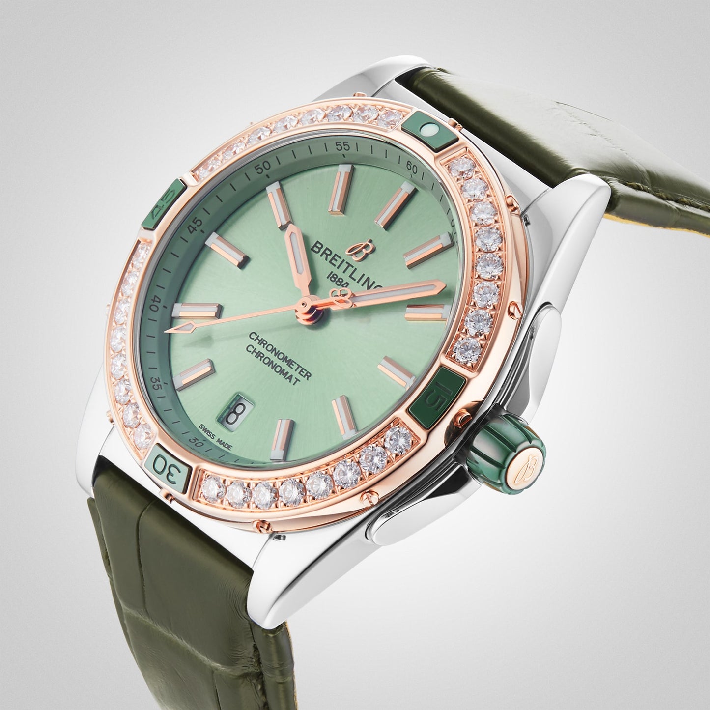 BREITLING Super Chronomat Automatic 38 Green Stainless Steel & 18ct Rose Gold Leather Strap Watch U17356531L1P1