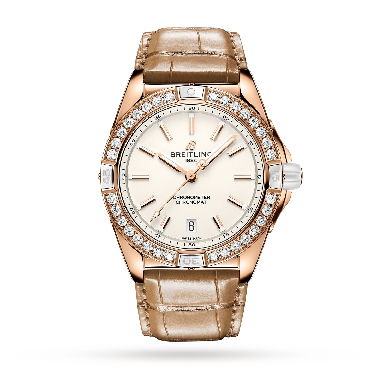 BREITLING Super Chronomat Automatic 38 Origins White 18ct Rose Gold Brown Leather Strap Watch R17356531G1P1