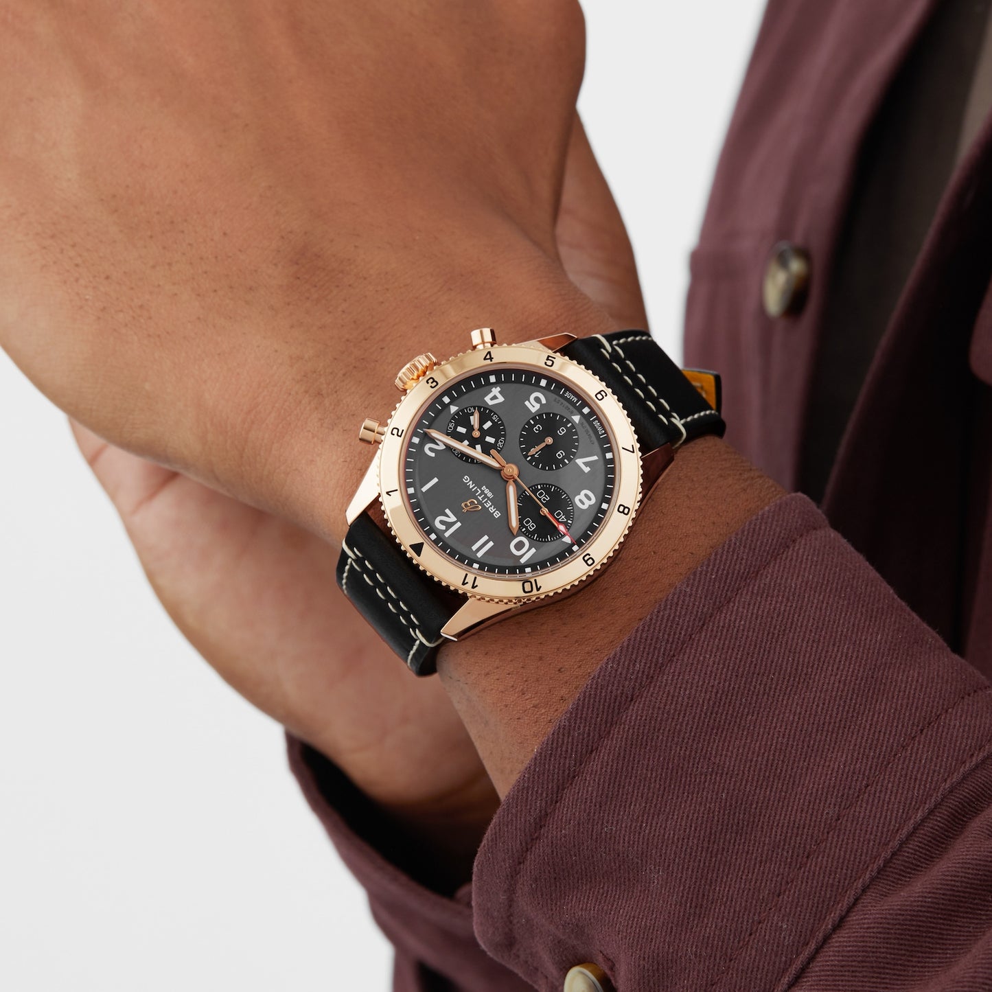 BREITLING Classic AVI Chronograph 42 P-51 Mustang 18K Red Gold Leather Strap Watch R233801A1B1X1
