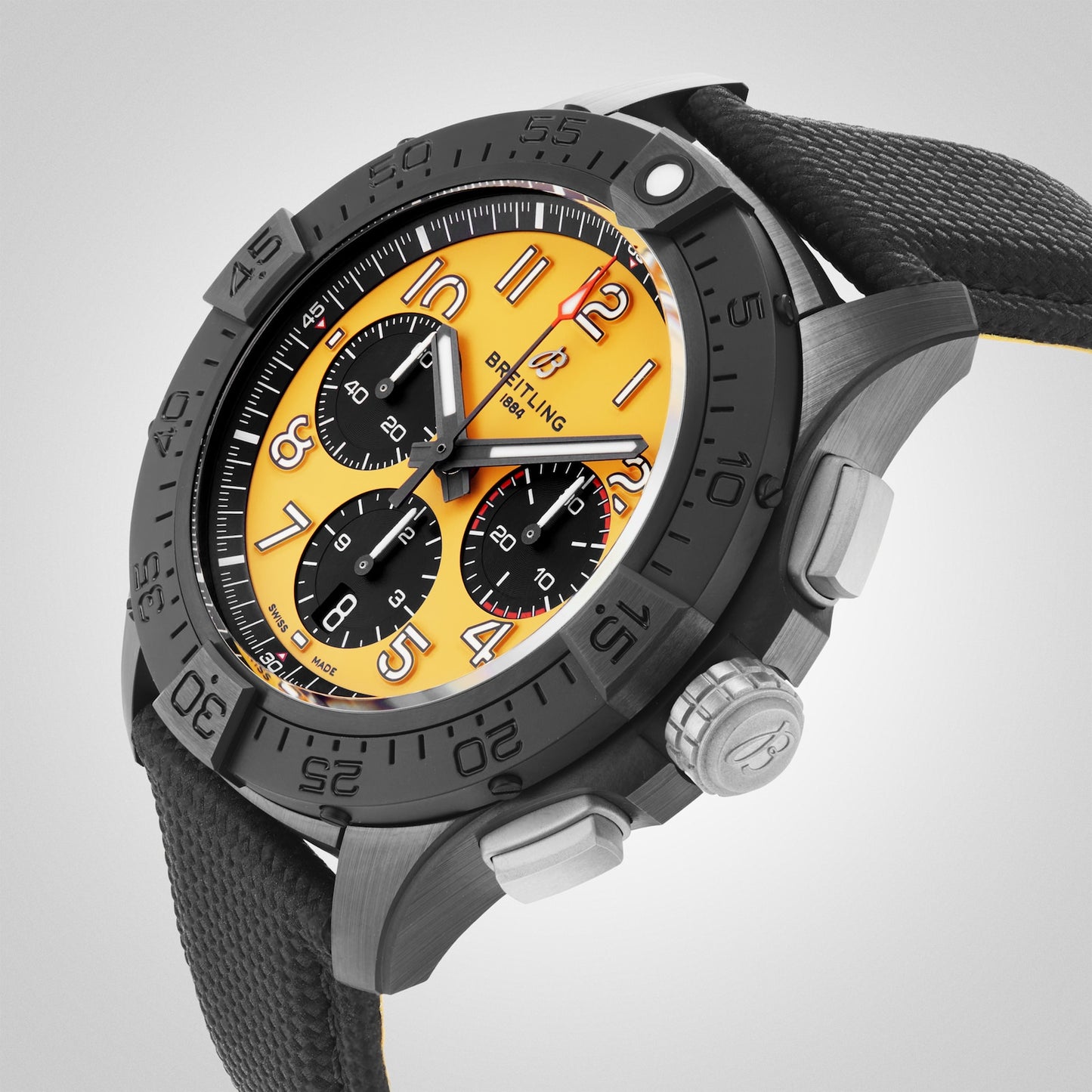 BREITLING Avenger B01 Chronograph 44mm Night Mission Mens Watch Yellow Black Leather SB0147101I1X2