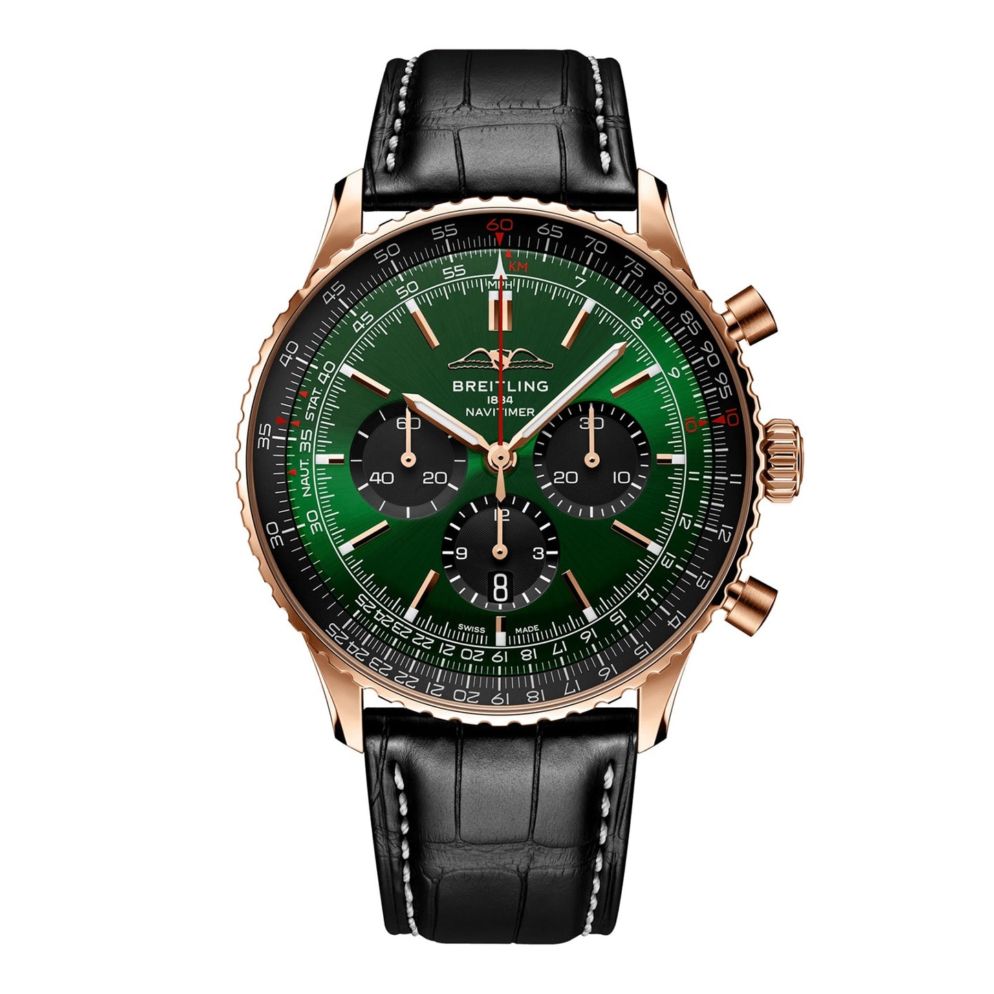BREITLING Navitimer Chronograph 18ct Rose Gold 46mm Mens Watch Green Alligator RB0137241L1P1