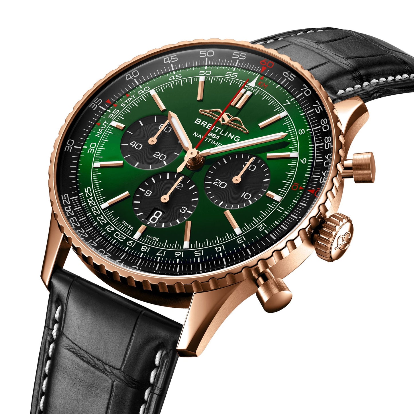 BREITLING Navitimer Chronograph 18ct Rose Gold 46mm Mens Watch Green Alligator RB0137241L1P1