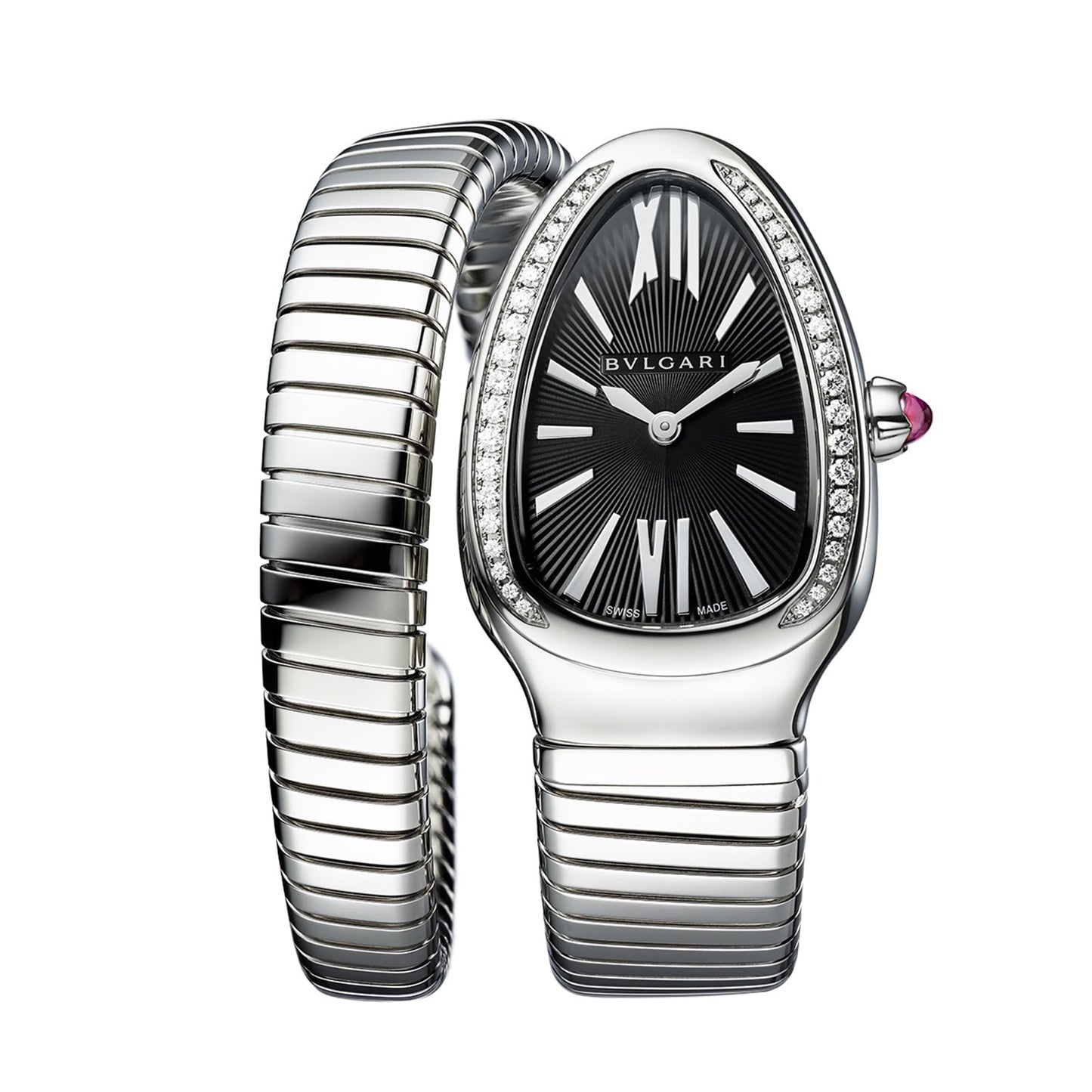 BVLGARI Serpenti Tubogas 35mm Black Dial Diamond Ladies Watch - Stainless Steel Small Bracelet 103524