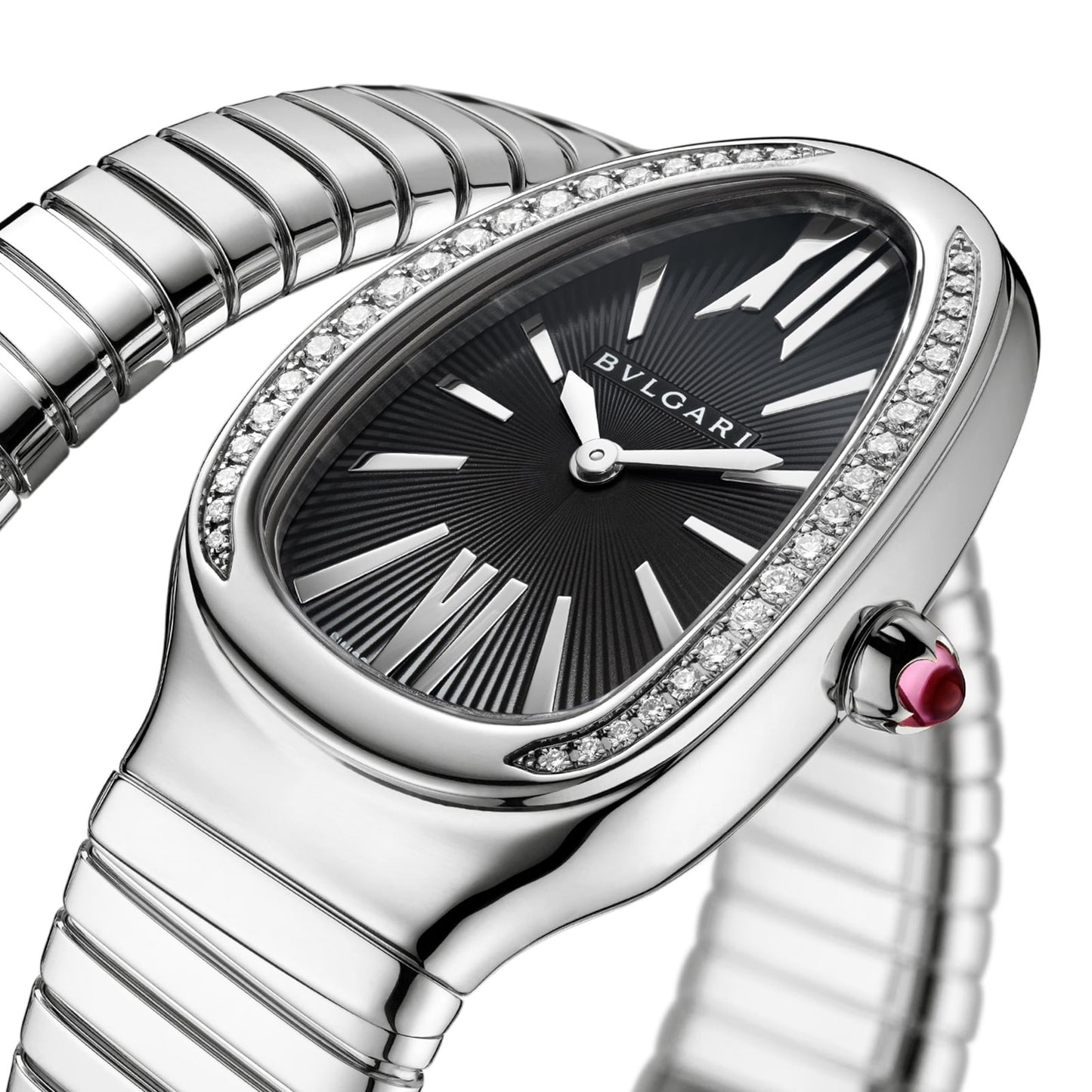 BVLGARI Serpenti Tubogas 35mm Black Dial Diamond Ladies Watch - Stainless Steel Small Bracelet 103524
